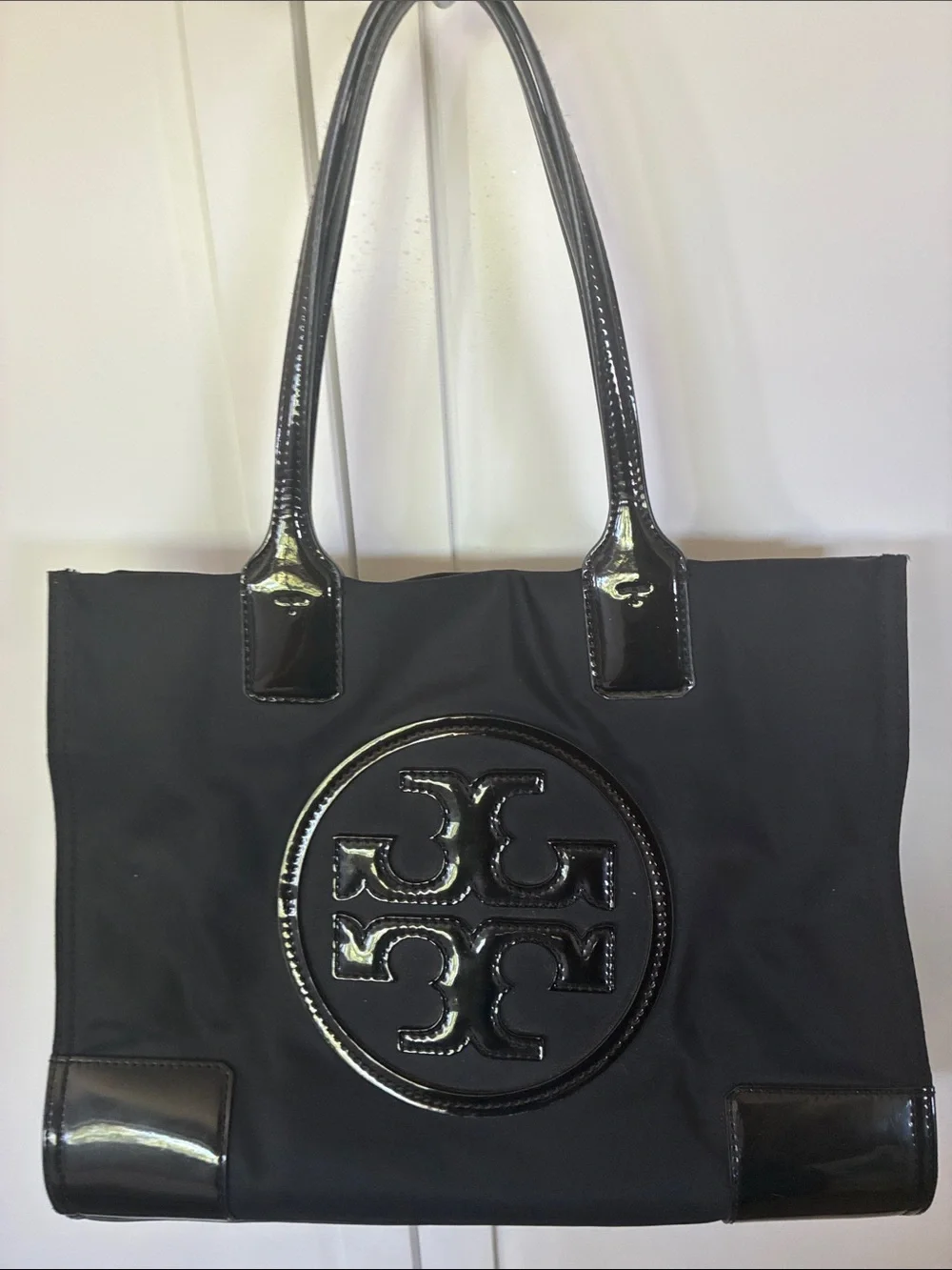 Tory Burch Black Nylon Tote with Patent Trim and Logo